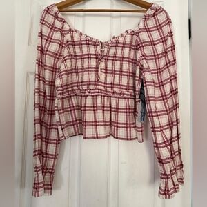 Celebrity Pink Red & White Plaid Peasant Top